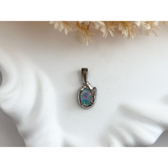 Faux Opal Stone Teeny Tiny Sterling Silver 925 Little Vintage Pendant | Charm - Picture 2 of 7